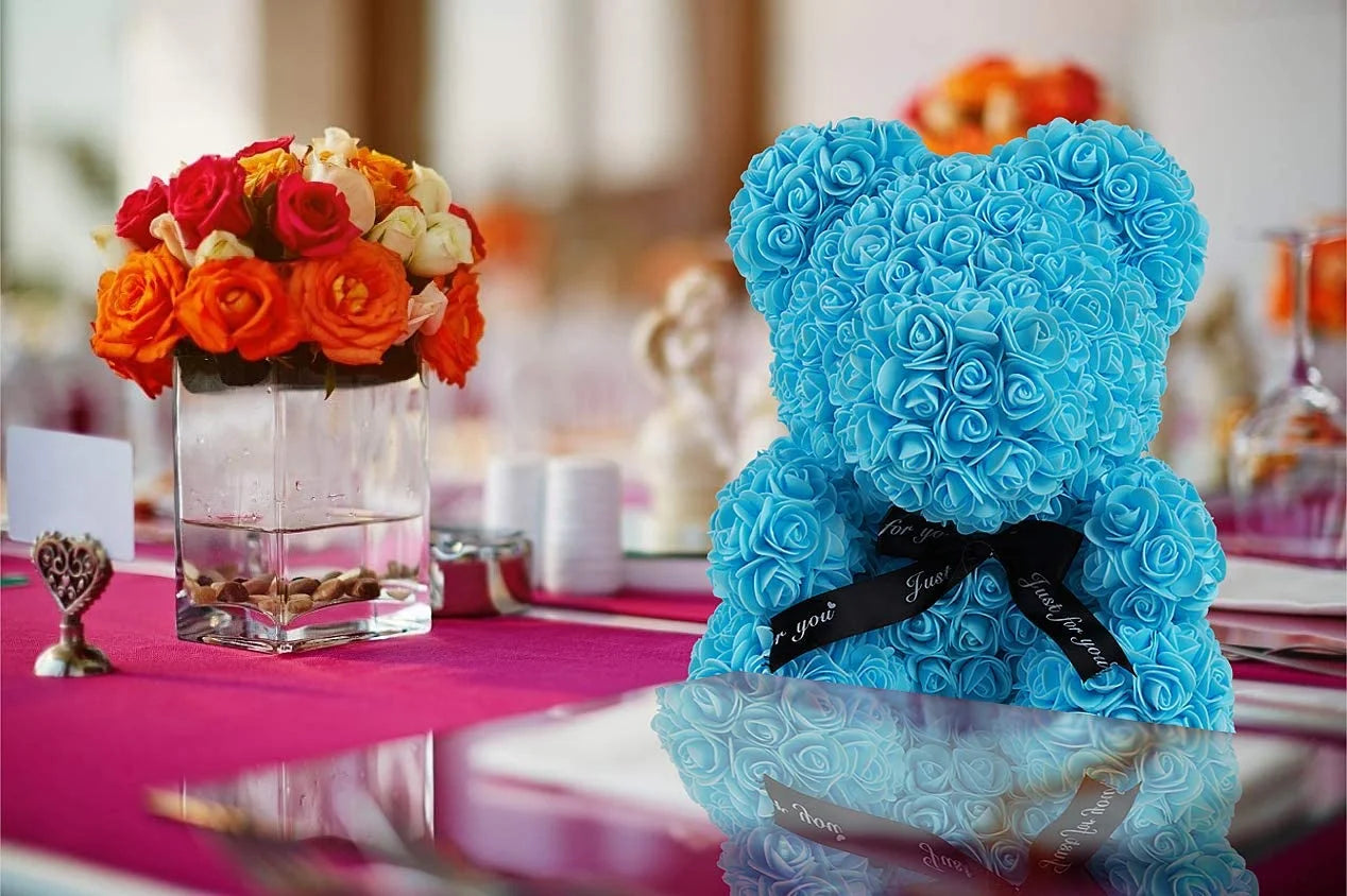 Blue Artificial Rose Flowers Bear 10 Inch Wedding Party Decoration Gift Box