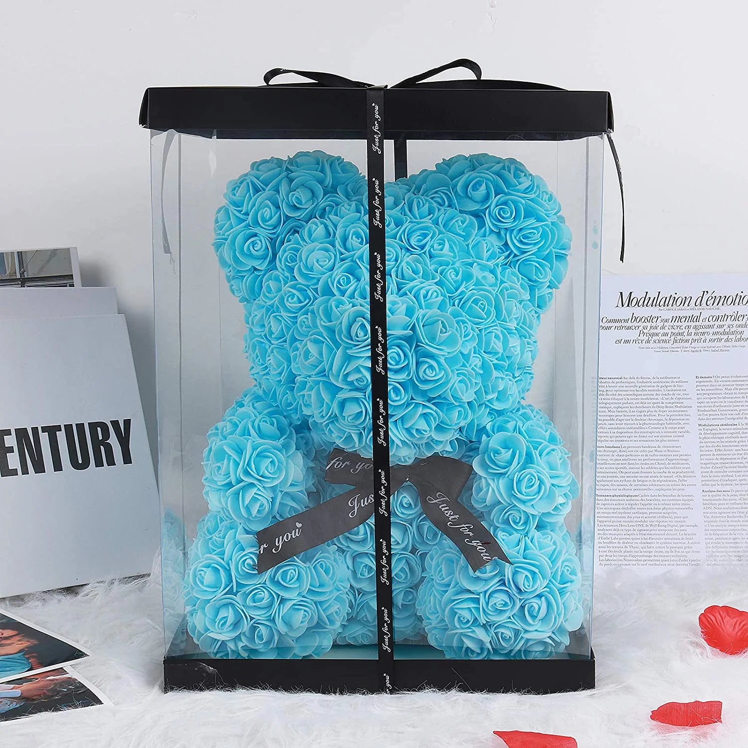 Blue Artificial Rose Flowers Bear 10 Inch Wedding Party Decoration Gift Box