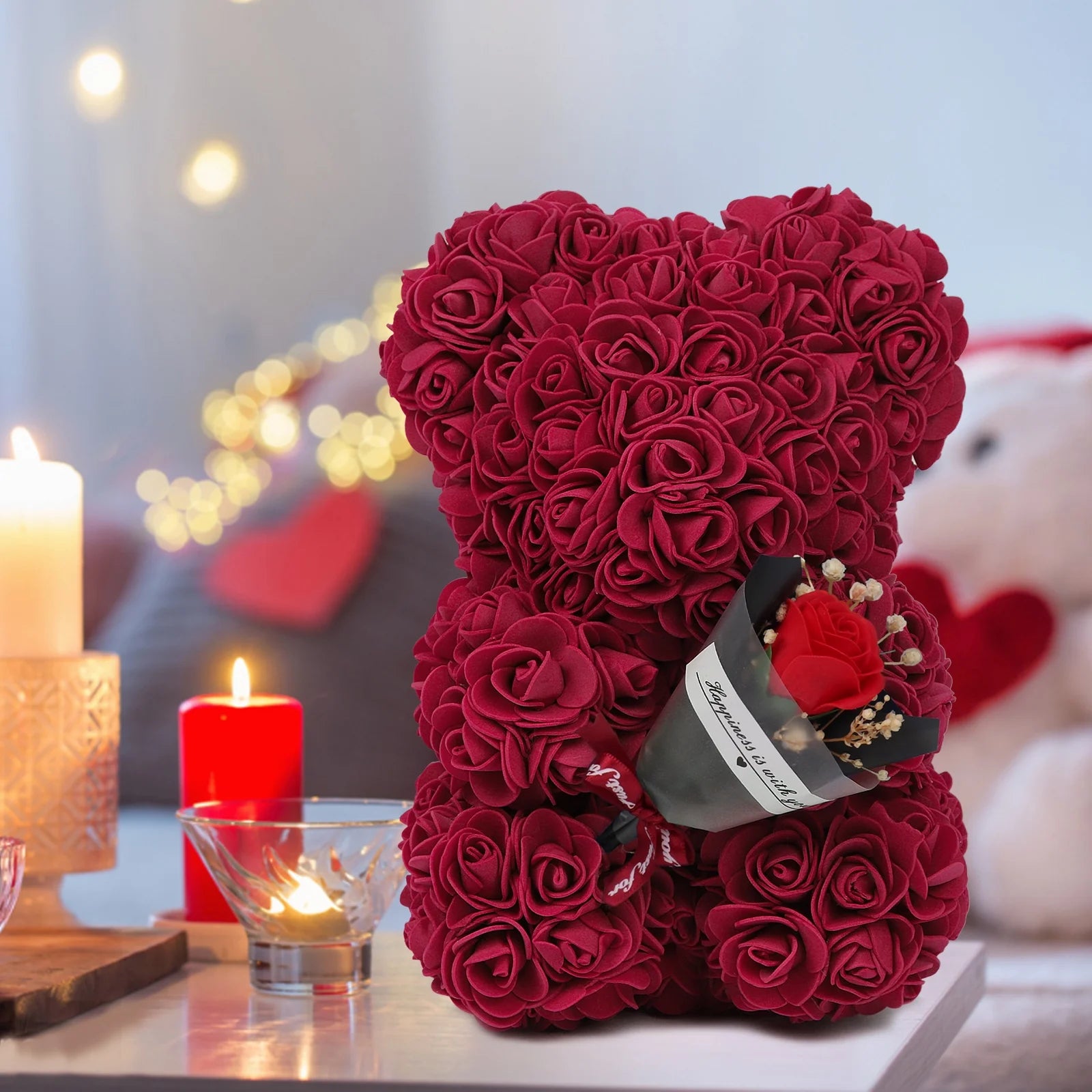 Artificial Rose Bear Valentines Day Gifts for Her,Mothers Day Anniversary Birthday Gifts (Wine Red)