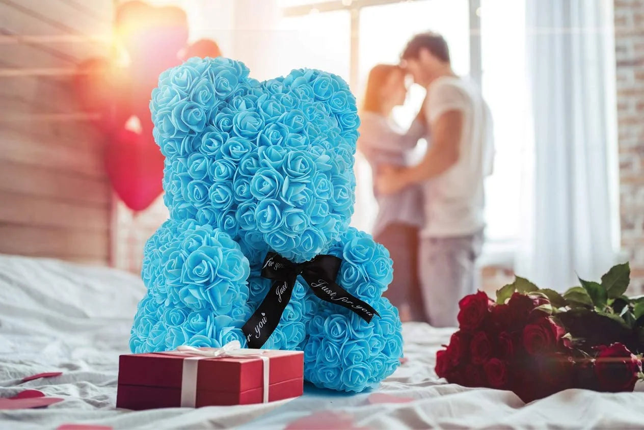 Blue Artificial Rose Flowers Bear 10 Inch Wedding Party Decoration Gift Box