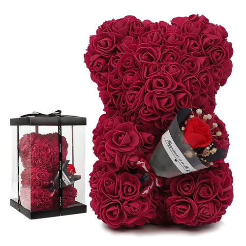 Artificial Rose Bear Valentines Day Gifts for Her,Mothers Day Anniversary Birthday Gifts (Wine Red)