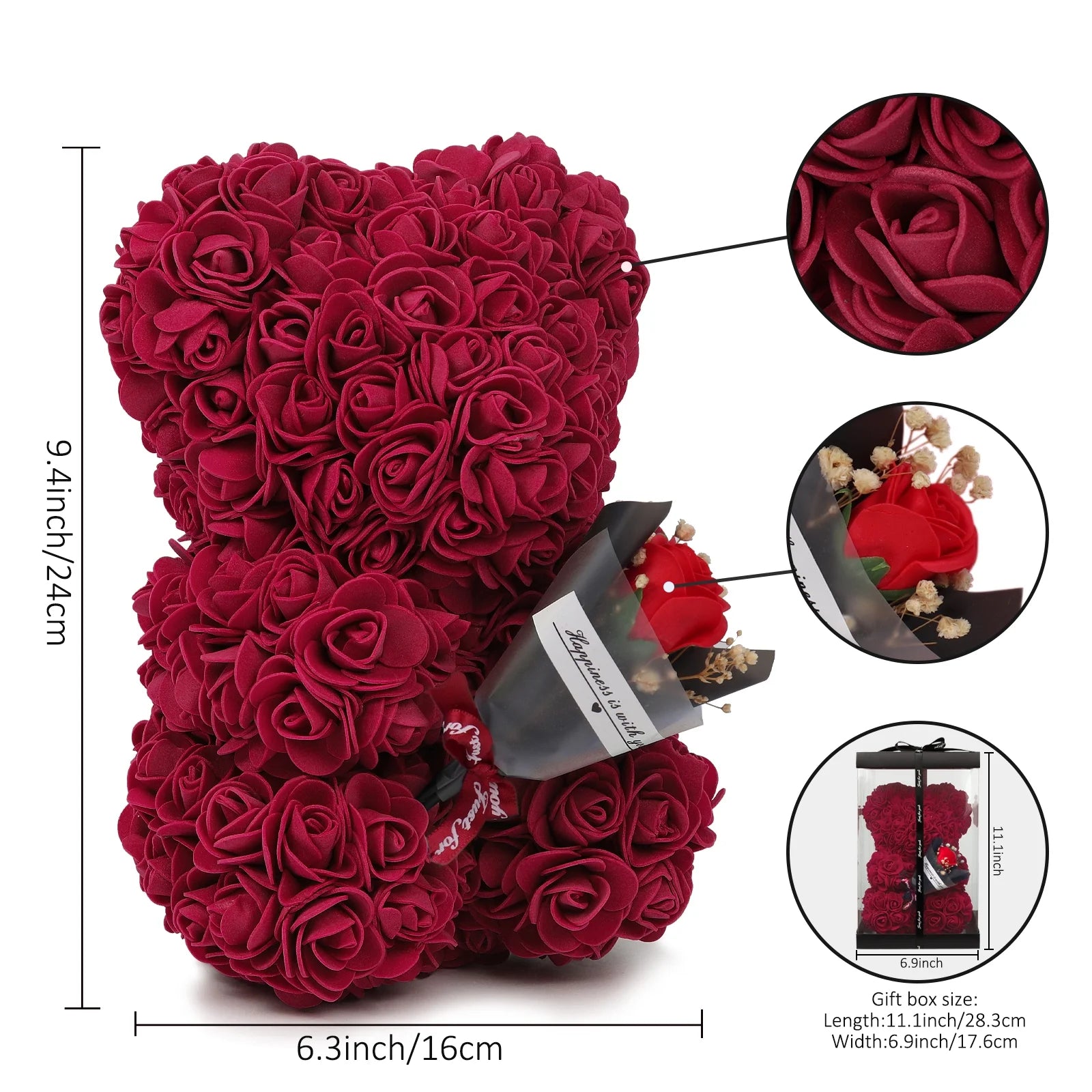 Artificial Rose Bear Valentines Day Gifts for Her,Mothers Day Anniversary Birthday Gifts (Wine Red)