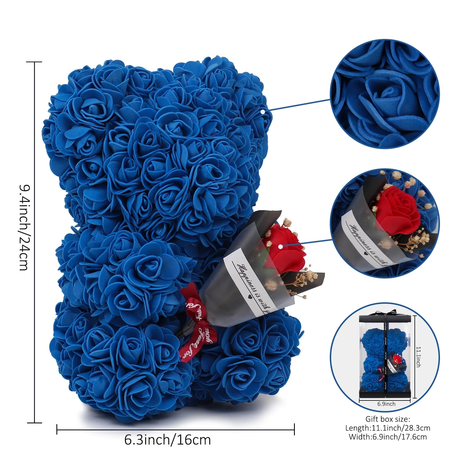 Artificial Rose Teddy Bear Valentines Day Gifts for Her,Mothers Day Anniversary Birthday Gifts (Royal Blue)