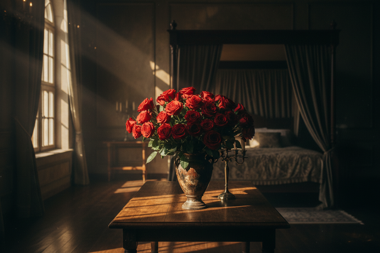 red roses in a dark sexy room being light up by the shadows of the sun